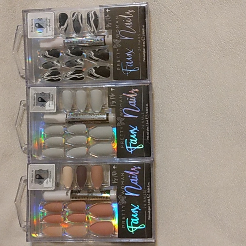 Nude, grey, marble long almond shapefaux nail sets